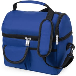 A blue cooler bag with a zippered compartment, carrying handle, and adjustable shoulder strap. It features exterior pockets.