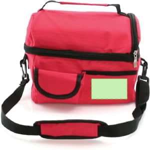 A red cooler bag with a shoulder strap, featuring a front pocket and a branding logo.