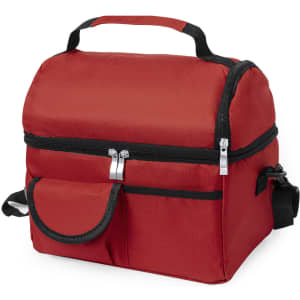 A red cooler bag featuring a zip closure, a handle, and a front pocket. It has a simple design and includes a logo.