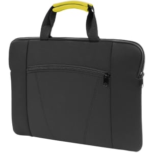 A sleek black laptop pouch with a yellow handle and a front zippered pocket. It features a simple design and has a logo.