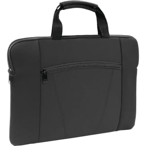 A black laptop pouch with a zippered pocket and sturdy handles. It features a sleek, padded design.