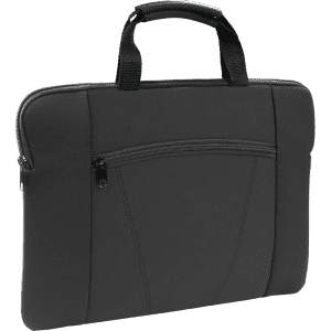 A black laptop pouch with a zippered front pocket and dual handles for carrying. It has a sleek, padded design.