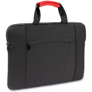 A black laptop pouch with a red handle and a zippered front pocket. It features a sleek, padded design.