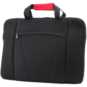 A black laptop pouch with a red handle and a front zip pocket, featuring a logo.