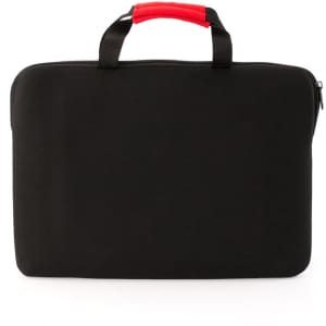 A black laptop pouch with a red handle and a zip closure. It features a simple design and a branded logo.