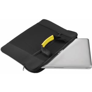 A black laptop pouch featuring a yellow handle, partially unzipped with a silver laptop inside.