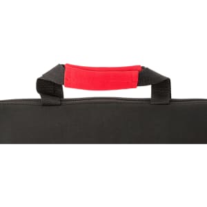 A black laptop pouch with a red padded handle and zipper detail. Features a logo on the surface.