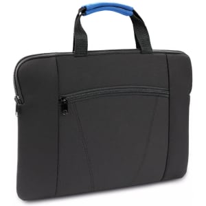 A black laptop pouch with a blue handle and a front zip pocket. It features stitching details and a simple design.