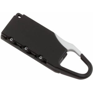 A black and grey Zanex Padlock with a carabiner clip and multiple locking mechanisms. It features a logo on the surface.