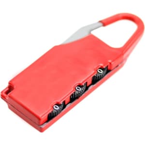 A red Zanex Padlock with a carabiner-style attachment and multiple locking mechanisms.