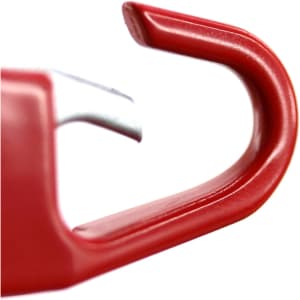 A close-up of a red hook with a silver metal tip, part of the Zanex Padlock. It has a smooth finish and a simple design.