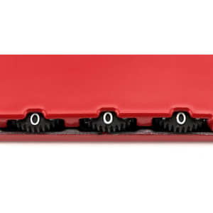 A red padlock with rotating dials for setting a combination, featuring black gears for adjustment.