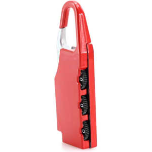 A red padlock with a silver hook and three adjustable dials, featuring a logo on its side.