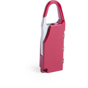 A red padlock with a shiny silver hook, featuring a carabiner-style design. It has a logo on the surface.