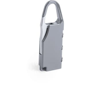 A silver padlock featuring a sleek design and a branded logo. Ideal for securing items.