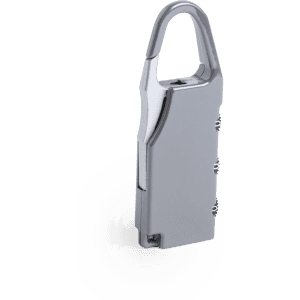 A sleek silver padlock featuring a minimalist design, with a loop for attachment and a branding logo.
