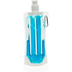 A drink bottle cooler in clear and blue, featuring a sleek design and a carabiner attachment.