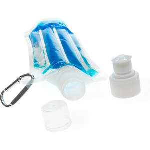 A drink bottle cooler in translucent blue and white, featuring a detachable cap and a carabiner.