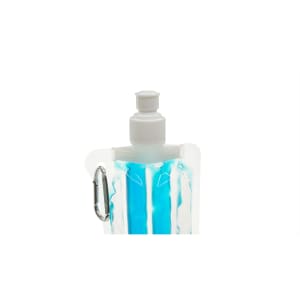 A drink bottle cooler featuring a transparent design with blue liquid inside and a white cap, complete with a carabiner.