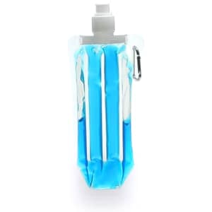 A drink bottle cooler in blue and clear, featuring a carabiner and a logo on the side.