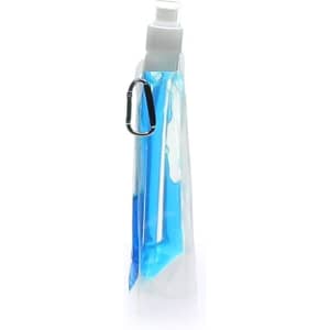 A drink bottle cooler in a transparent design with blue accents and a carabiner clip. Features a logo.