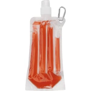 A drink bottle cooler in clear plastic with an orange interior and a carabiner attachment. It features a logo.