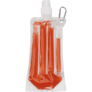 A drink bottle cooler featuring a translucent design with a bright red liquid inside and a carabiner clip.