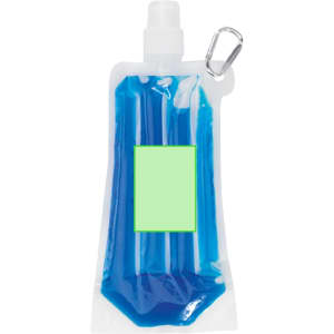 A drink bottle cooler in a clear design with blue gel inside and a clip for attachment. It features a blank area for branding.