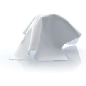 A white cleaning cloth with a textured edge, designed for cleaning electronic devices. Features a branding logo.