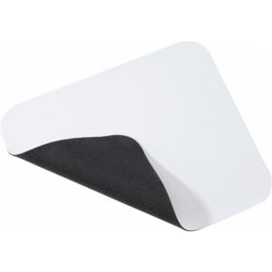 A white mousepad with a black underside, featuring a slight curve at one edge. It has a logo on the surface.