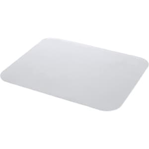 A rectangular white mousepad with rounded corners and a smooth surface, featuring a logo.