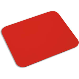 A rectangular mousepad in a vibrant red colour with rounded corners, featuring a logo.