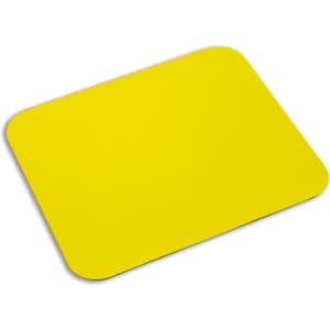A bright yellow mousepad with rounded corners and a smooth surface. It features a logo on one side.