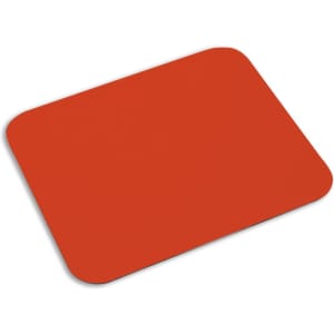A rectangular red mousepad with rounded corners and a smooth surface, suitable for office use.