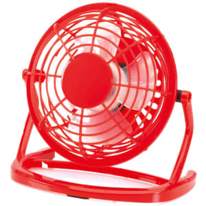 A small, portable red fan with a protective grille, featuring a sturdy stand for support.