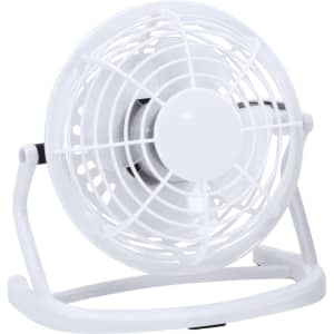 A compact white desk fan on a stand with a protective grille. Features a simplistic design and includes a logo.