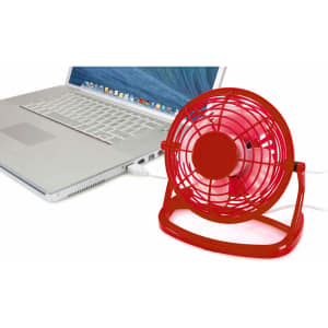 A red mini fan connected to a laptop, with a sleek design and a sturdy base, featuring a logo on the front.