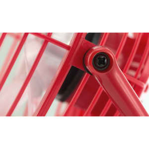 A red mini fan with a visible mesh grille and adjustable arm. The fan features a logo on its body.