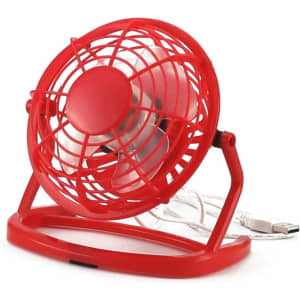 A red mini fan with a grid design, featuring a USB connection and a sturdy base for stability.
