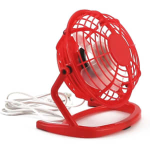 A small red desktop fan with a wire stand and a white power cord, featuring a circular protective grill.