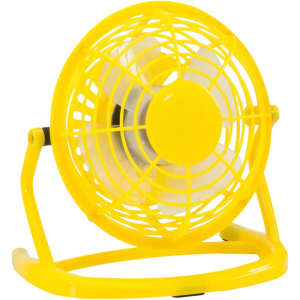 A yellow mini fan with a protective grille and a sturdy stand. Features a compact design suitable for personal use.