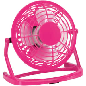 A pink mini fan with a wire frame and a stand, designed for personal use. It features a simple, compact design.