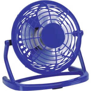 A small, purple desk fan with a round frame and white blades, featuring a sturdy base and a logo.