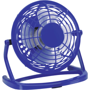 A small blue desk fan with a wire cage and three white blades, featuring a stand for stability.