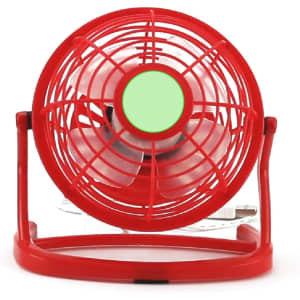 A red mini fan with a circular design and a green centre, featuring a base stand and a visible power cord.