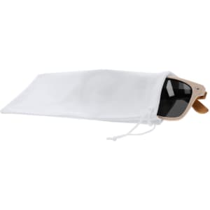 A white drawstring pouch containing sunglasses, with a logo visible on the pouch.