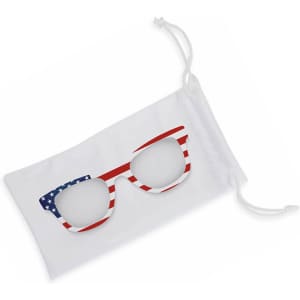 A white drawstring pouch with a pair of sunglasses featuring a red, white, and blue design, and a logo.