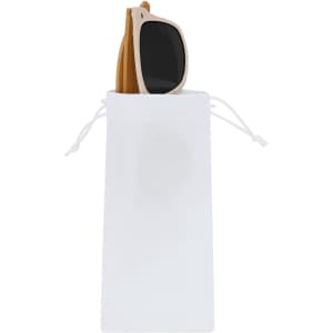 A white drawstring pouch containing sunglasses, with a simple logo visible on the pouch.