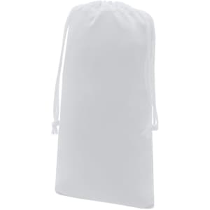 A white drawstring bag with a cinched top and a logo. Ideal for various storage needs.