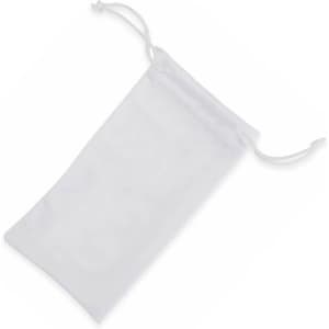 A drawstring pouch in transparent white fabric, featuring a cinch closing mechanism and smooth finish.